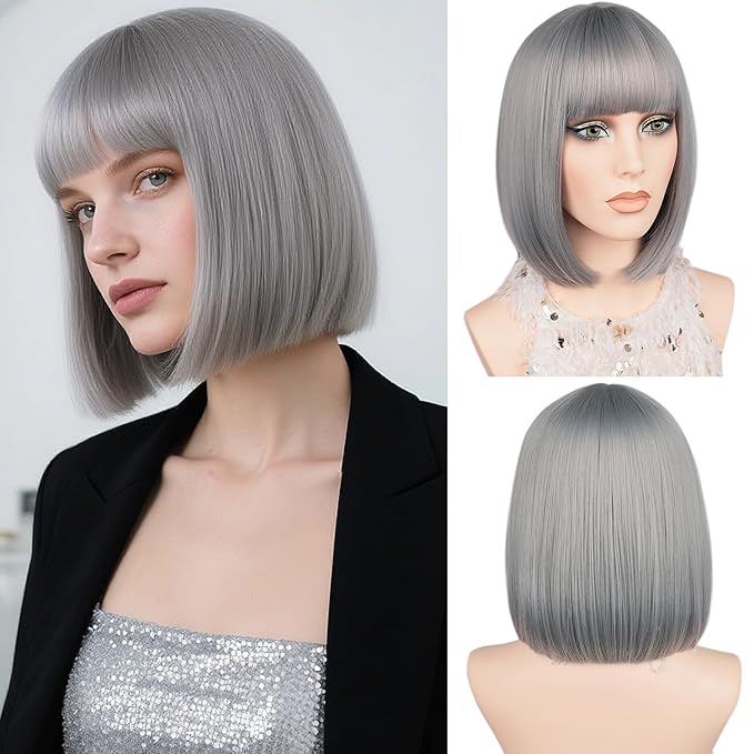 MAYSA Grey Bob Wig with Bangs Short straight Wig 12in Synthetic Cosplay Halloween Costume Wig for Women # Grey