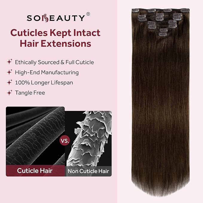 Clip in Hair Extensions Real Human Hair, 100% Remy Chocolate Brown Hair Extensions for Long Hair, Tangle-free&Shedding-free, #4 22Inch 120G 7PCS