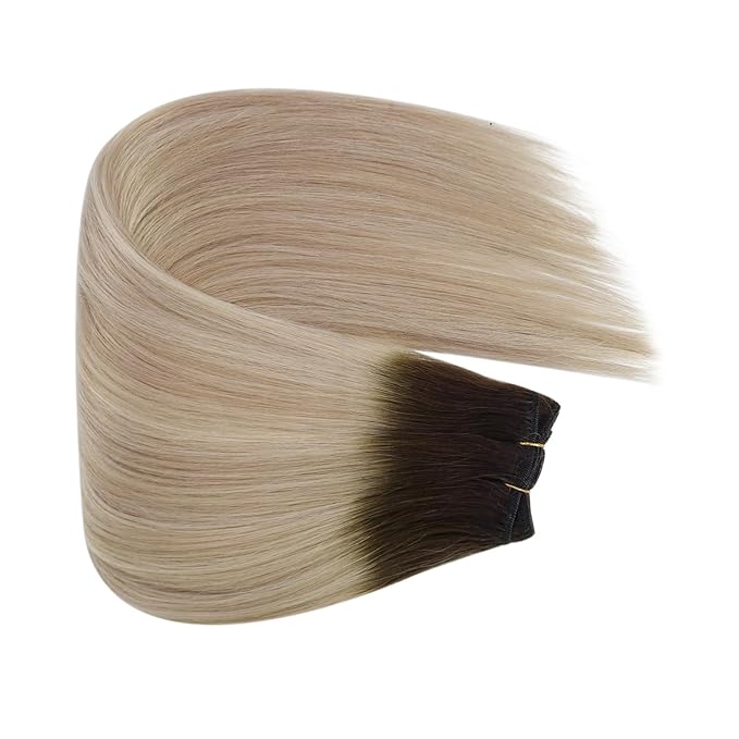 fshine Ombre Weft Hair Extensions Human 14 Inch Dark Brown Fading to Ash and Platinum Blonde Bundles Sew in 100 Gram