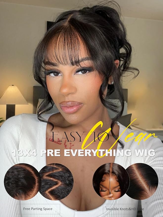 Sunber Put On and Go Glueless Wigs Pre Plucked Pre Bleached Human Hair Loose Wace With Curtain Bangs Bye Bye Knots Pre Cut Lace 13X4 HD Lace Front Wig 22Inch