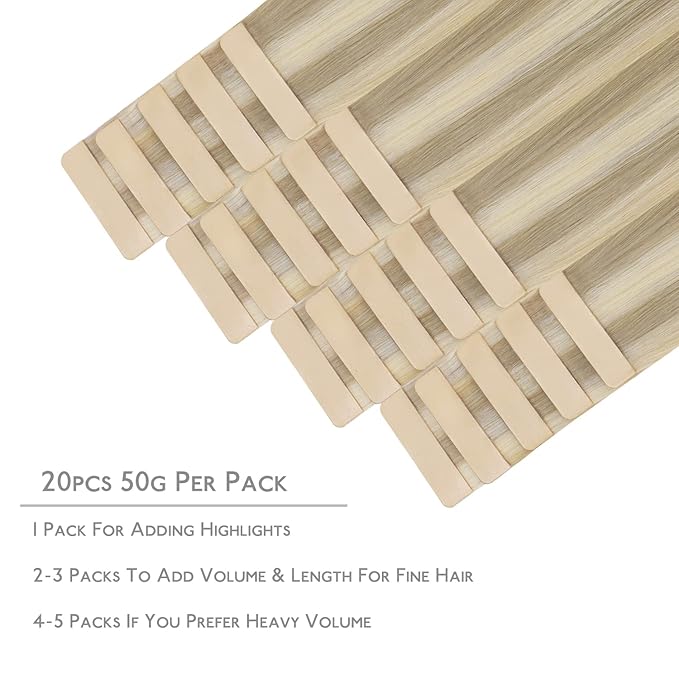 WENNALIFE Tape in Hair Extensions Human Hair, 20pcs 24 inch 50g Ash Blonde and Platinum Blonde Remy Tape Hair Extensions Real Human