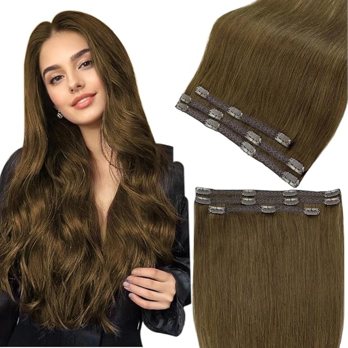 Full Shine Brown Human Hair Extensions 16 Inch Real Human Hair Extensions Clip in Extensions Straight Remy Hair Medium Brown Brazilian Clip in Real Hair Natural Extensions 60 Grams 3Pcs