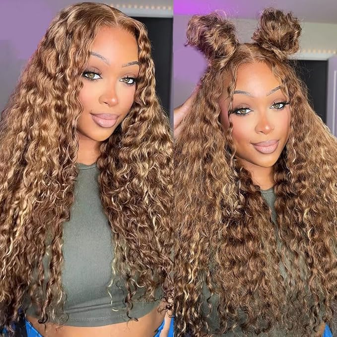 Highlight Ombre Deep Wave Lace Front Wig Human Hair Pre Plucked 13x4 HD Transparent Lace Frontal Wigs 180% Density 22 Inch Curly Glueless Wig for Black Women