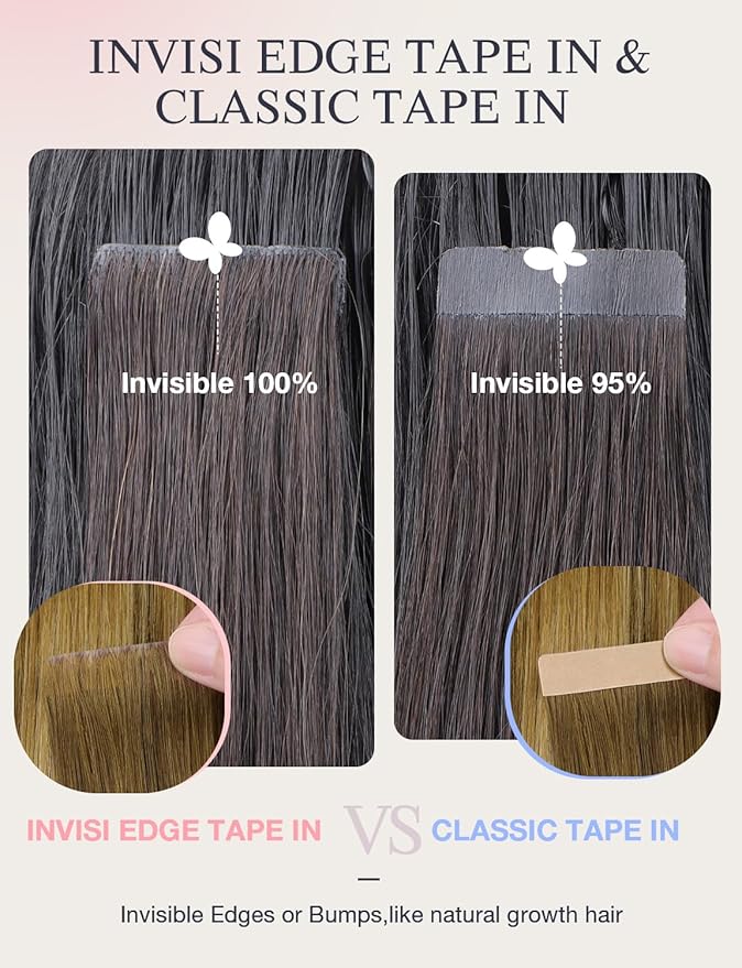 DOORES Invisi Edge Seamless Tape in Hair Extensions Human Hair, Medium Brown Highlighted Dirty Blonde 10 Injection Tape-ins with 10 Injection Tape-ins 50g 18 Inch, Injected Tape in Extensions