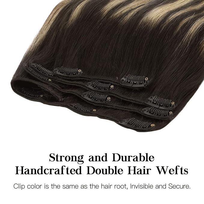 HOTBANANA Human Hair Clip in Hair Extensions, Balayage Natural Black to Light Blonde 120g Clip in Hair Extensions Real Human Hair Straight Remy Hair Clip Ins Dark Roots Ombre 18 Inch 7pcs