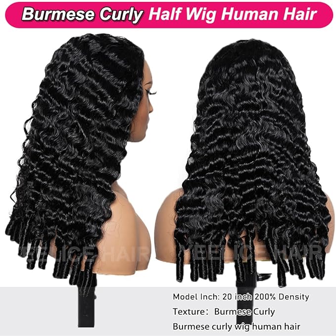Glueless Half Wigs Human Hair Burmese Curly Headband Wig Upgrade 3 In 1 Half Wig with Drawstring Seamless Clip Ins Flip Over 200 Density Afro Wig Human Hair For Black Women 16 Inch