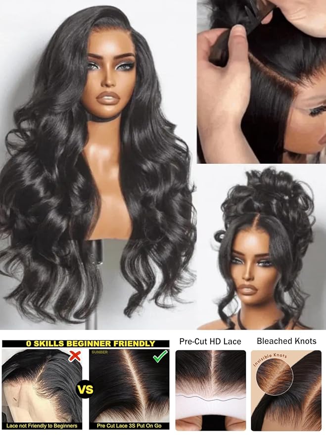 Sunber Body Wave Human Hair Lace Frontal Glueless Wig 13x4 Pre Everything Pre Cut Lace Front Drawstring Wig Bye Bye Knots Pre Plucked with Baby Hair 150% Density 16Inch Pull Go Wigs