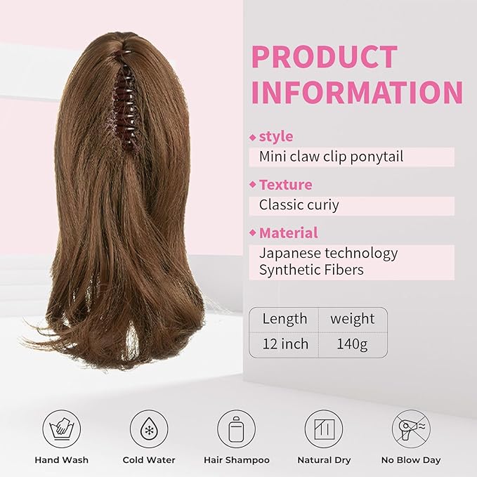 Ponytail Hair Extensions, 12 Inch Claw Clip Ponytail Hair Extensions for Women, Chin Clip Wigs, Soft Synthetic Wigs-Medium Ash Brown