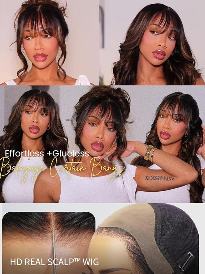 Julia Hair Pre Everything Glueless 13x4 HD Lace Front Wigs Human Hair Pre Plucked Pre Cut Balayage Highlight Body Wave Curtain Bangs Bye Bye Knots Drawstring Wigs Ready to Wear Frontal Wig 16 Inch