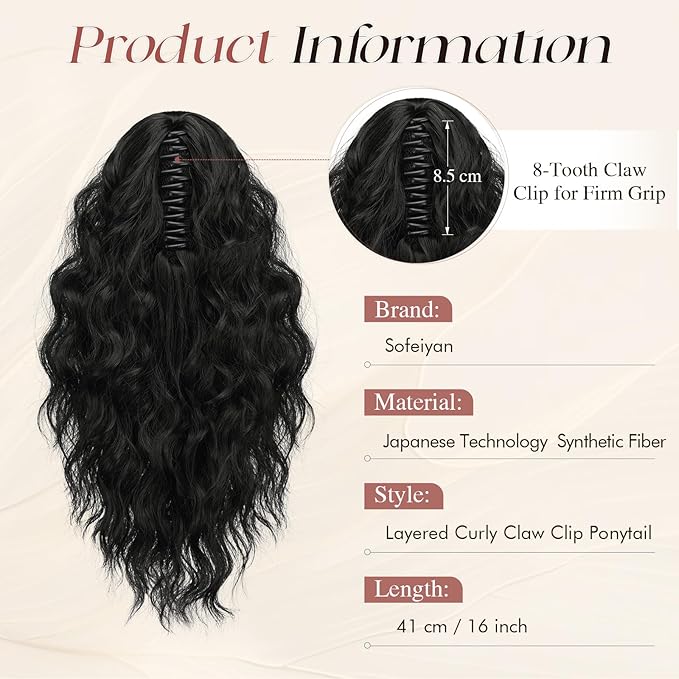SOFEIYAN Ponytail Extension, 16 inch Claw Clip Ponytail Extension Wavy Curly Ponytails Synthetic Pony Tails Hair Extensions Natural Fake Hairpiece for Women - Black