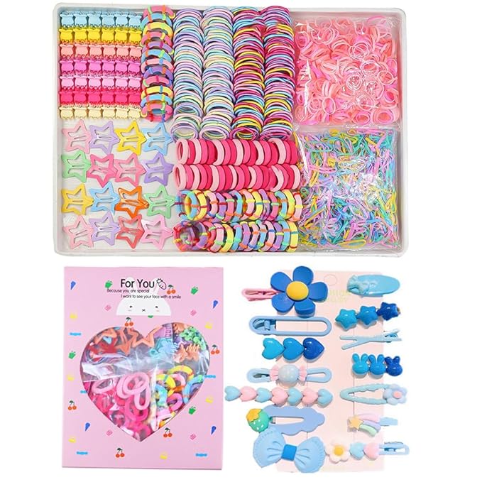 889 pcs Elastic Hair Ties for Girls Hair Accessories Ponytail Holders Colorful Rubber Bands Set with 14 pcs Cute Hair Clip