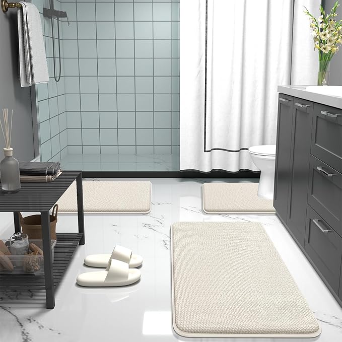OLANLY Thick Memory Foam Bath Mat Rug 24x16, Extra Soft Absorbent Bathroom Rug, Quick Dry Bath Mats, Non-Slip, Machine Washable Carpet for Bathroom, Tub and Shower, Home Decor Accessories, Ivory