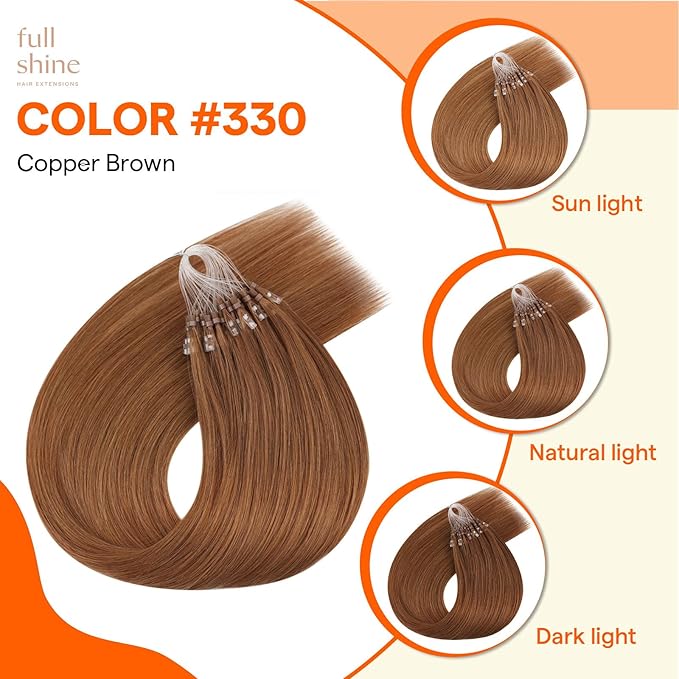 Full Shine Micro Beads Hair Extensions Real Human Hair Color 330 Copper Micro Link Human Hair Extensions 20 Inch Cold Fusion Prebonded Extensions for Women 50G with 7G Micro Beads Natural Remy Hair