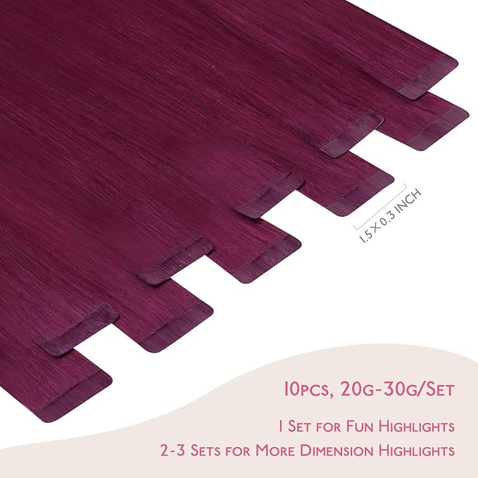 WENNALIFE Tape in Hair Extensions Human Hair Light Burgundy Tape in Extensions, 10pcs 20g 12 inch Remy Invisible Tape Ins Straight Colored Soft Real Human Hair Refill Set