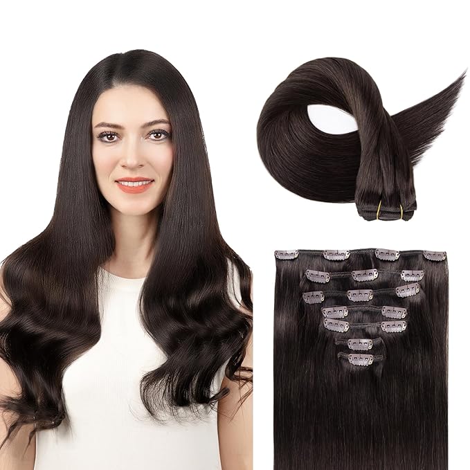 Clip in Hair Extensions Real Human Hair, Remy Human Hair Clip in Extensions for Long Hair, Dark Brown Straight Hair Extensions Add Volum add Length #2 20Inch 120G 7PCS