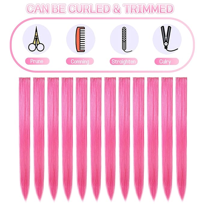 12 PCS Pink Hair Extensions Clip in, 22" Colored Highlights, Synthetic Straight Hair Piece DIY Accessories for Daily Party (PeachRed)