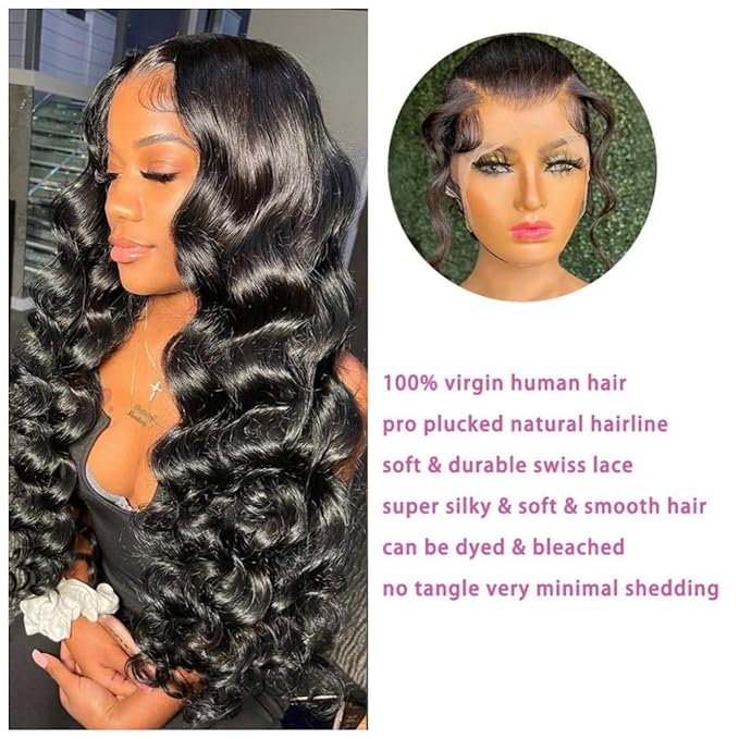 13x6 Body Wave Lace Front Wigs Human Hair Pre Plucked 200% Density HD Transparent Lace Frontal Wigs Human Hair With Baby Hair Natural Black 34 Inch