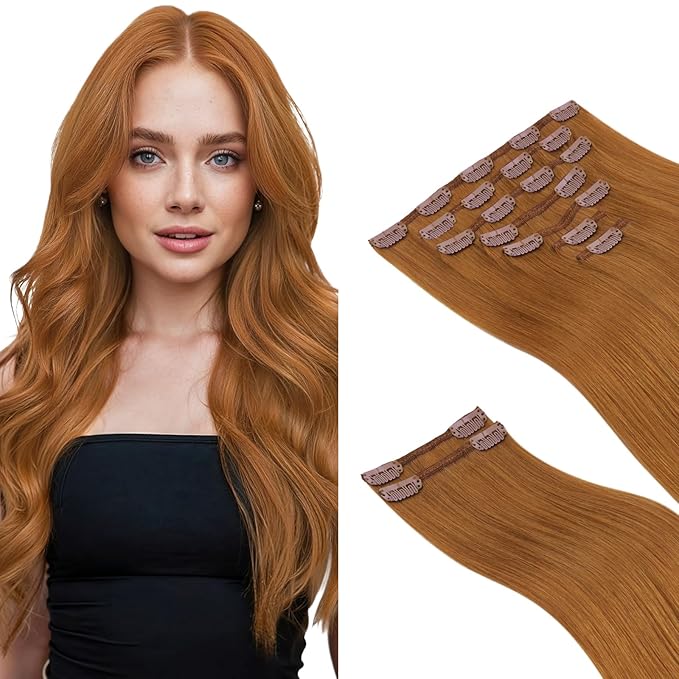 HOTBANANA Clip in Hair Extensions Real Human Hair, 135g 9pcs 14 inch Auburn Ginger Straight Remy Clip in Extensions Full Head for Women
