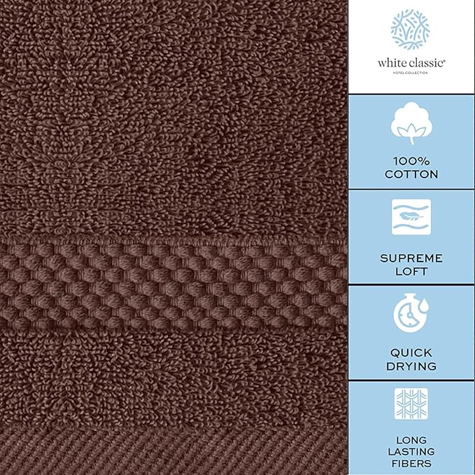 White Classic Luxury Cotton Washcloths 13x13 Inch - 650 GSM Turkish Cotton | Hotel, Spa, Bathroom Face Towel | 12 Pack, Brown