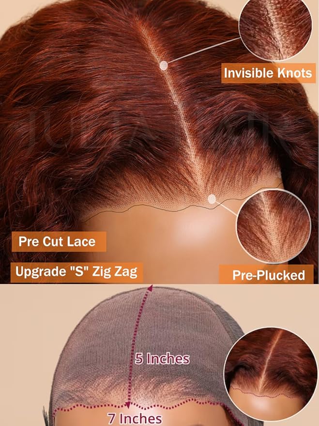 Julia Hair 12A Bye Bye Knots Glueless Wig Reddish Brown Yaki Straight Virgin Human Hair Pre Cut 7x5 HD Lace Front Wigs Invisible Knots Pre Plucked Pre Bleached Auburn Copper Wig 150% Density 26 Inch