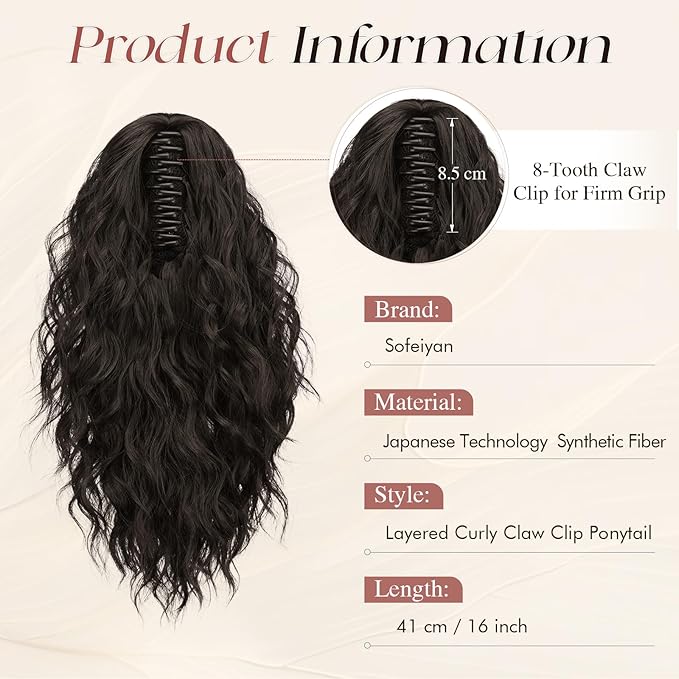 SOFEIYAN Ponytail Extension, 16 inch Claw Clip Ponytail Extension Wavy Curly Ponytails Synthetic Pony Tails Hair Extensions Natural Fake Hairpiece for Women - Dark Brow