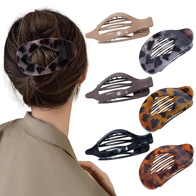 6 PCS French Flat Hair Clips for Women 2 Styles Large Matte Flat Claw Clips Strong Hold No-Slip French Hair Barrettes for Thick Thin Hair(Leopard 2 + Brown 2)