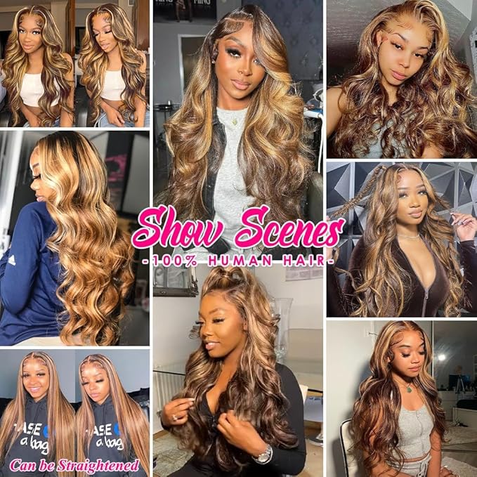 Pizazz 13x4 Ombre Highlight Lace Front Wigs Human Hair with Baby Hair 180 Density 4/27 Honey Blonde Body Wave Frontal Wigs Human Hair 26 Inch