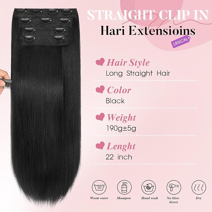 Clip in Synthetic Hair Extensions Black Long Straight 4PCS Thick Hairpieces Fiber Double Weft Natural Hair Extensions 22 Inch for Women