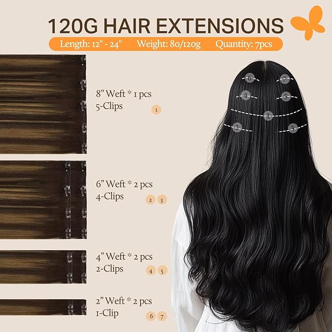 DOORES Clip in Hair Extensions - Real Human Hair, Balayage Dark Brown to Chestnut Brown, 12 Inch, 7pcs, 80g, Natural Straight Hair