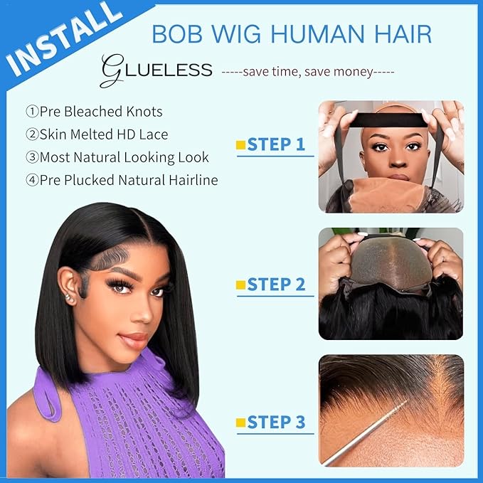 Wear and Go Glueless Wigs Human Hair Pre Cut Bob Wig Human Hair Glueless Lace Front Wigs Pre Plucked 4x4 HD Lace Closure Wigs For Black Women With Natural Hairline(8 Inch)