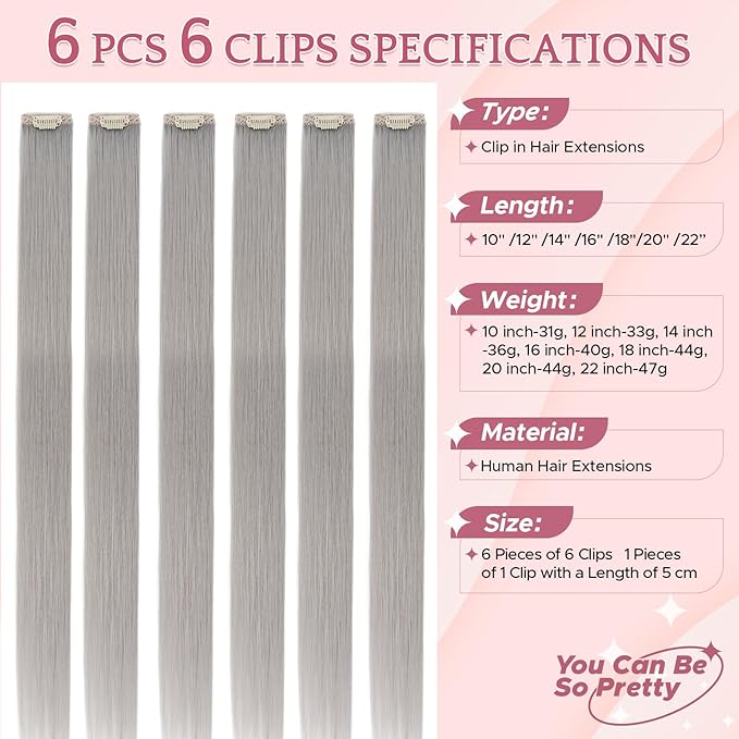 Clip in Hair Extensions Real Human Hair for Women, 10 Inch 31g 6pcs, Grey, Straight - Highlight, Add Volume and Length for Daily Wear, Parties, Weddings