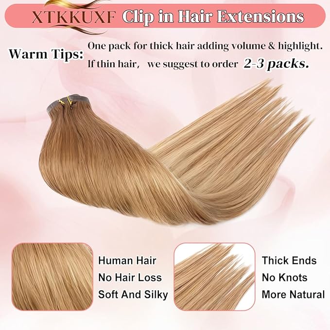 Seamless Clip in Hair Extensions Real Human Hair For Women 125g 20 Inch Dark Brown and Light Beige Blonde Balayage Invisible PU Skin Weft Remy Human Hair Extensions clip ins 7Pcs 18 Clips