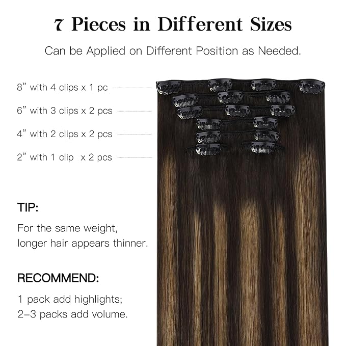 HOTBANANA Human Hair Clip in Hair Extensions, Balayage Dark Brown Mixed Chestnut Brown 120g Clip in Hair Extensions Real Human Hair Straight Remy Hair Clip Ins Dark Roots Ombre 18 Inch 7pcs