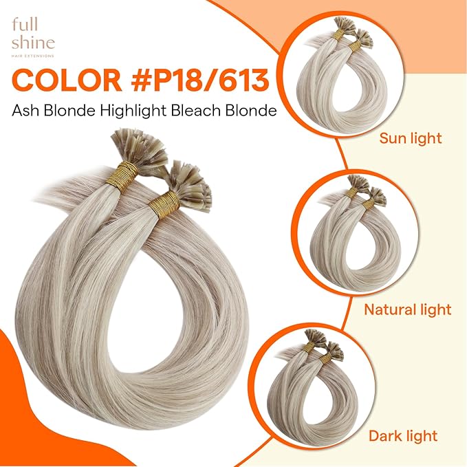 Full Shine Ktip Human Hair Extensions 20 Inch 50 Grams Ash Blonde Highlight Bleach Blonde K Tip Hair Extensions Real Human Hair Fusion Extensions Remy Hair add Length