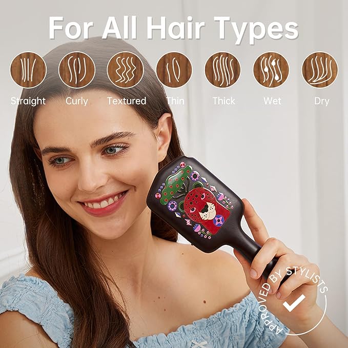 Simetra Wooden Paddle Hair Brush for Women & Men, Solid Wood Teeth for Scalp Massage, Detangling Brush for Wet & Curly Hair (Cheetah Pattern)