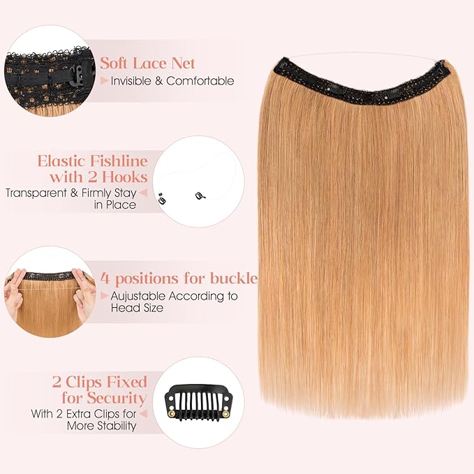 Hairro Wire Hair Extensions Human Hair, Fish Line Invisible Adjustable & Clips in Extensions Straight, 100% Real Hairpieces Seamless Blending for Women, 12 Inch 65g Dark Blonde