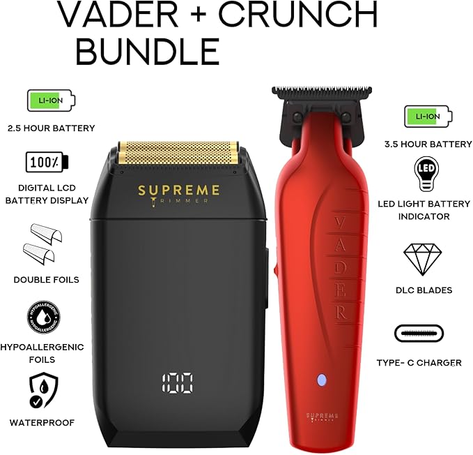 Supreme Trimmer Vader Trimmer & Crunch Foil Shaver Barber Haircutting Kit | Professional DLC T-Blade Beard Trimmer ST3778 & STF602 Waterproof IPX6 Shaver Set | Red
