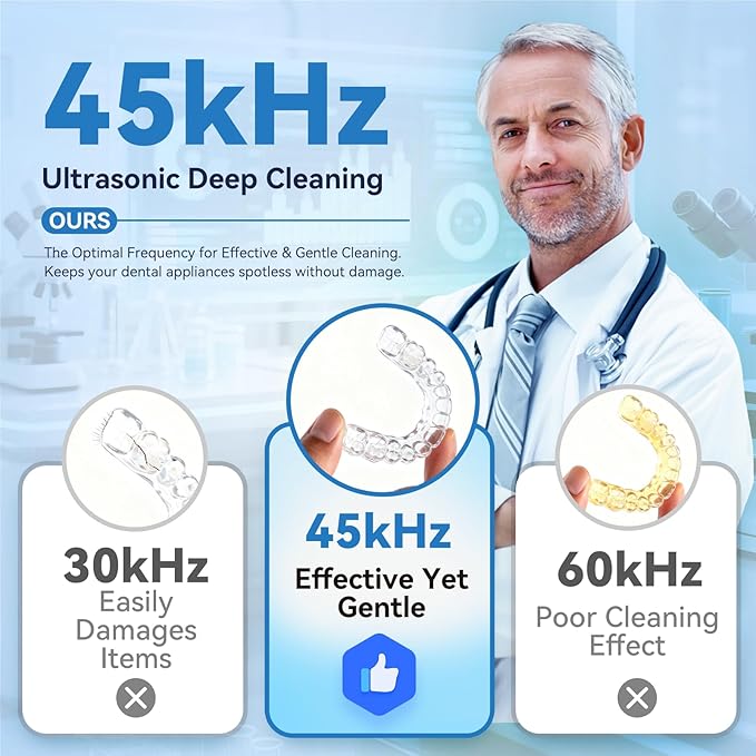 Dental Ultrasonic Retainer Cleaner Machine - 45kHz Dental Cleaning Pod, Mouth Guard, Aligner, Night Guard, Braces, Jewelry with 200ML Capacity, 4 Modes for All Denture Appliances