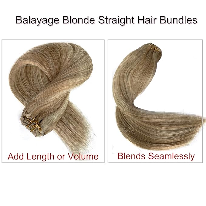Sew in Hair Extensions Real Human Hair Wefts 22 Inch Hand Tied Weft Hair Extensions Beige Blonde and Platinum Highlights Weave Sew in Human Hair Bundles Double Weft 120grams