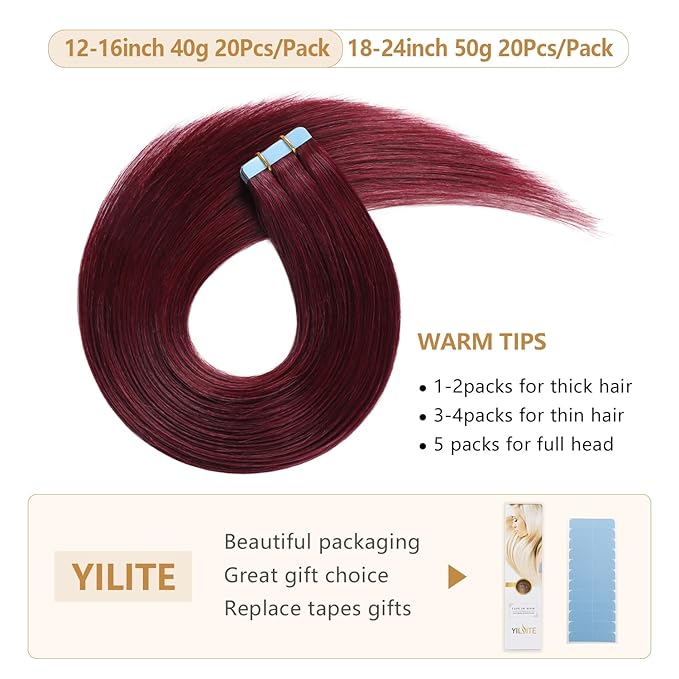 YILITE Burgundy Tape in Hair Extensions Human Hair,24inch 50g 20Pcs Red Tape in Hair Extensions Remy Human Hair,Seamless Skin Weft 99J Tape ins(24inch 99J)