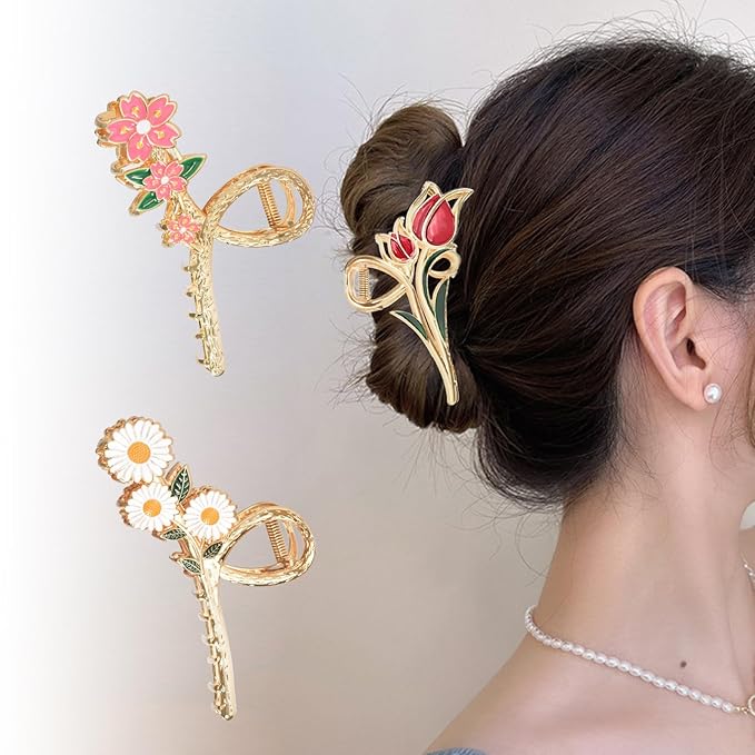 3-Piece Floral Metal Hair Clips: Orchid, Tulip, Daisy Barrettes for Thin/Medium Thick Hair - Elegant Strong Hold Non-Slip Catch Clip Accessories