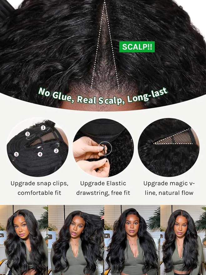 Sunber EasiContour Kinky Straight V Part Human Hair Glueless Wigs with Drawstring No Leave Out No Gel 180% Density Vpart light Kinky straight Clip In Half Wigs No Leave Out Real Scalp V Shape 14Inch