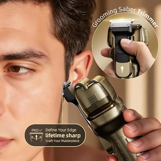 Electric Razor for Men Face: Rechargeable Foil Shaver with Push-Up Trimmer - Cordless Wet/Dry/Anti-Slip Waterproof Shavers with LED Display - Metal Handheld Design Gold