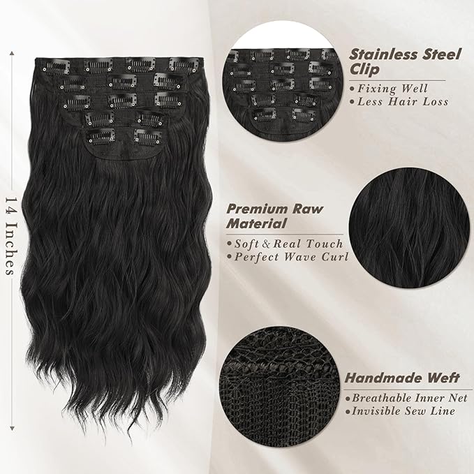 BARSDAR 14 Inch Wavy Clip in Hair Extensions – 5PCS Thick Soft Synthetic Hairpieces – Natural Black Full Head Clip in Hair Extensions for Women – Long Voluminous Easy Wear for Daily Party Halloween