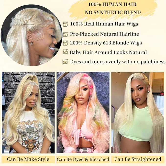 200 Density 613 13x6 HD Lace Front Wigs Human Hair 12A 613 Body Wave Lace Front Wigs Human Hair Pre Plucked Wet And Wavy Blonde Wig Body Wave Frontal Wig 13X6 For Black Women Natural Hairline 26 Inch