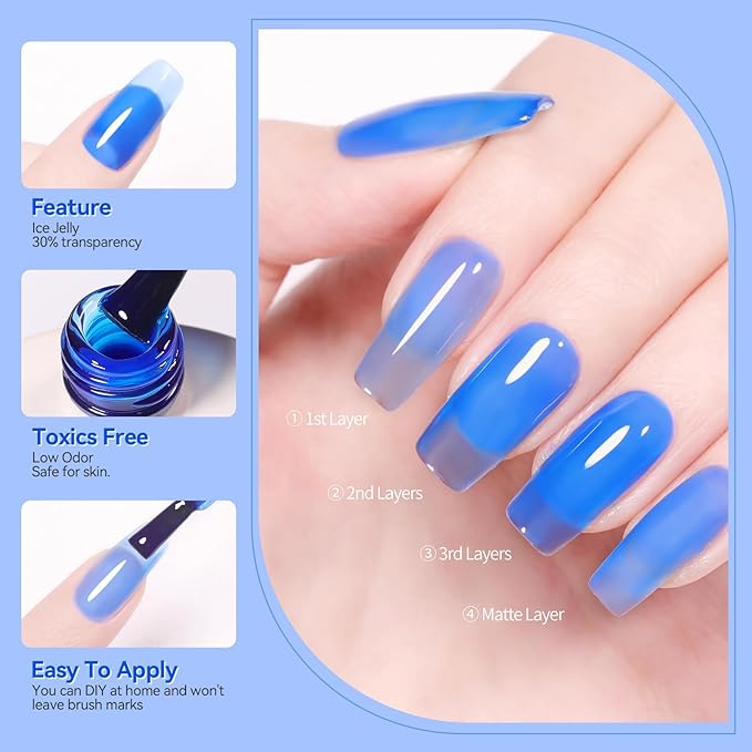 BORN PRETTY Ice Jelly Gel Nail Polish Halloween Jelly Deep Blue Gel Nail Polish Sheer Transparent Deep Blue Natural Translucent Soak Off Gel Polish Nail Art DIY 15ML