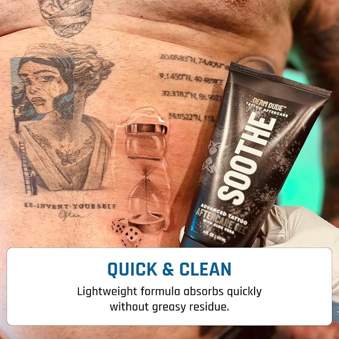 Derm Dude Advanced Tattoo Soothing Gel | Alleviates Itchiness Redness & Irritation | Moisturizing & Cooling Non-Greasy Formula with Aloe Vera, Cucumber & Vitamin C | For New & Existing Tattoos - 6 oz