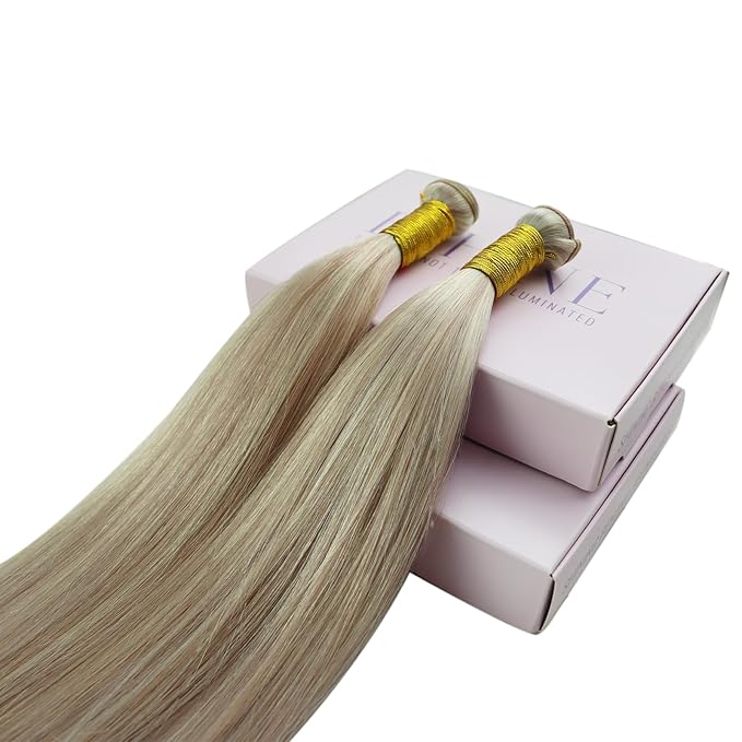 Fshine Hand Tied Genius Weft 20 Inch 60g Real Human Hair Genius Weft Ash Blonde Highlight Platinum Blonde Sew in Real Human Hair Extensions for Women Natural Human Hair