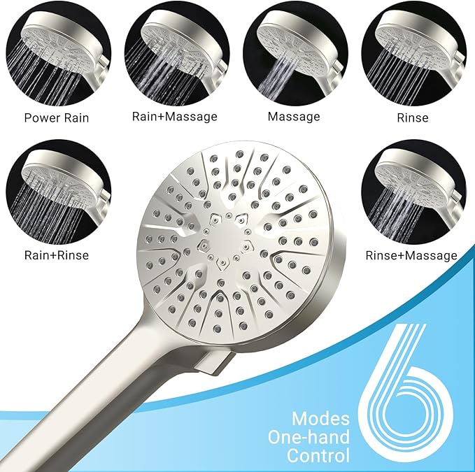 6-Mode Shower Head with Handheld, High Pressure Handheld Shower Heads, Detachable Showerhead 71" Extra Long Stainless Steel Hose Adjustable Brass Joint Holder for Bathroom Upgrade Brushed Nickel