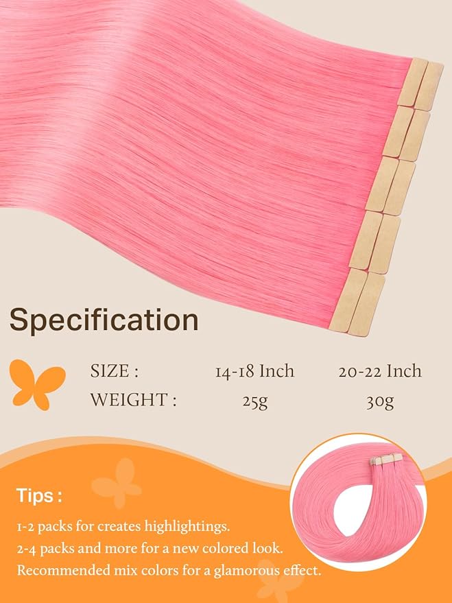 DOORES Tape in Hair Extensions Real Human, Peach Pink Tape ins 20 Inch 30g 10pcs, Human Hair Extensions Tape in Straight Natural Hair Remy Natural Hair